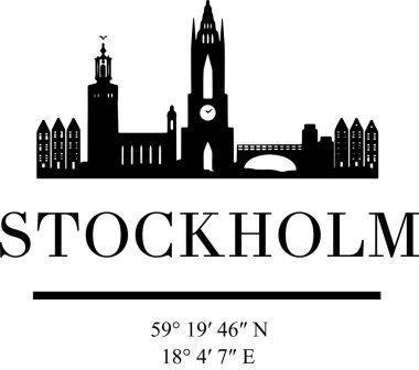 Stockholm siluetinin siyah ve beyaz siluetinde tarihi binalar yer alıyor.