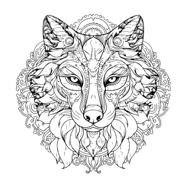 Dekoratif desenlerle çevrili karmaşık kurt çizimi