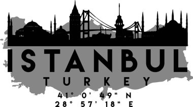 İstanbul, Türkiye 'nin siyah beyaz logosu, şehrin ufuk çizgisi ve koordinatlarını gösteriyor