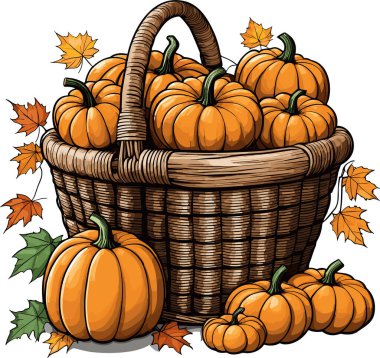 Sonbahar yapraklarıyla çevrili turuncu balkabaklarıyla dolu sepet.