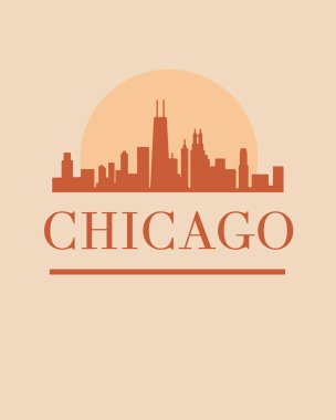Chicago silueti silueti. Binaların arkasında turuncu güneş batıyor.