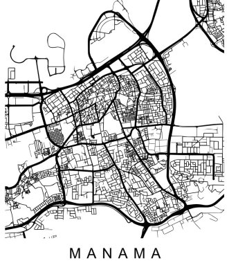 Manama 'nın siyah ve beyaz haritası. Karmaşık sokak modelleri ve yerleşimi var..