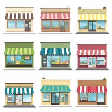 Bir ızgarada düzenlenmiş renkli mağazalar birden fazla küçük dükkanı gösterir