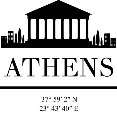 Antik Yunan tapınağının siluetinin siyah ve beyaz grafiği 'ATHENS' yazısının üzerinde koordinatlarla