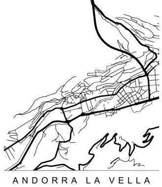 Andorra La Vella 'nın kıvrımlı çizgileriyle siyah beyaz çizimi
