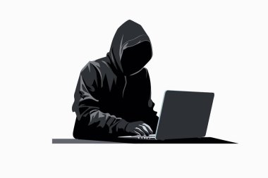 Bilgisayarda yazan kapüşonlu figürün siyah beyaz çizimi