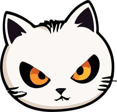 Kızgın ifadesi ve turuncu gözleri olan beyaz kedi kafasının karikatür çizimi