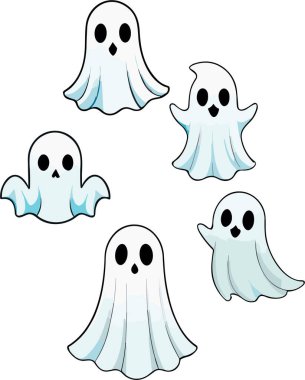 Beyaz çarşaflı ve siyah gözlü beş çizgi film hayaleti neşeyle yüzüyor.