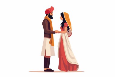 Geleneksel giyinmiş çift ayakta duruyor ve el ele tutuşuyorlar.