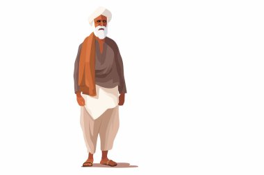 Türbanlı geleneksel kıyafetler giyen yaşlı bir adam beyaz arka planda duruyor