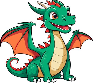 Yeşil vücutlu, turuncu kanatlı, neşeli, renkli çizgi film ejderhası.