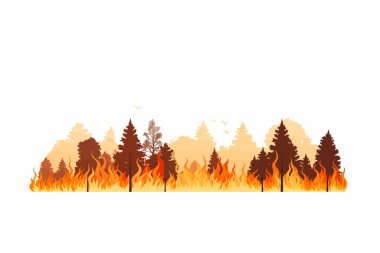 Parlak turuncu alevlere boğulmuş ağaçların renkli çizimi
