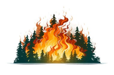 Uzun yeşil ağaçları parlak turuncu ateşle yutan orman alevlerinin tasviri