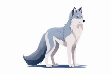 Çalı kuyruklu, ayakta duran mavi ve beyaz bir kurdun çizgi film tasviri