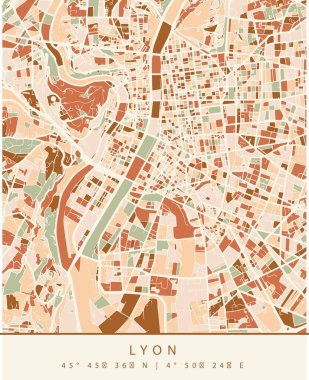 Lyon haritası sokaklar, binalar ve nehir yollarıyla şehir planlarını betimler