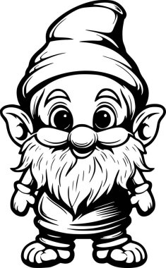 Sivri uçlu şapka takan gülümseyen bir cücenin siyah beyaz çizimi