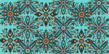 Turkuaz arka planda karmaşık tasarımları olan renkli çiçek deseni