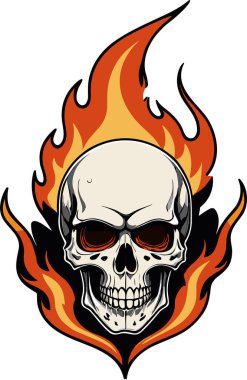 Beyaz arka planda turuncu ve sarı alevlerle çevrili kafatası grafiği