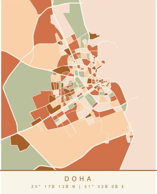 Değişik şekil ve bölgelere sahip şehir tasarımı içeren renkli Doha haritası