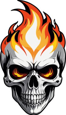 Tepeden yükselen alevler ve yoğun gözlerle renkli kafatası