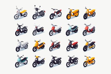 Beyaz arkaplanda bir ızgara düzeni içinde düzenlenmiş çeşitli motosikletlerin koleksiyonu