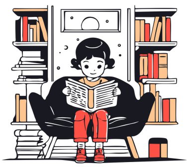 Küçük çocuk rahat kütüphanede siyah sandalyede oturmuş kitap okuyor.