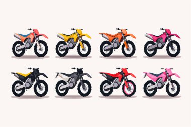 İki satırda çeşitli renk ve tasarımlarla gösterilen sekiz farklı toprak motosiklet