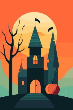 Turuncu gökyüzünün altında balkabağı olan ürkütücü şatonun renkli grafiği