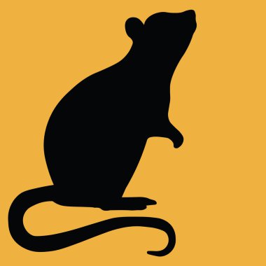 Sarı arka planda ayakta duran bir farenin siyah beyaz silueti