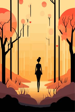 Gün batımında turuncu ormanda yürüyen genç bir kadının silueti.