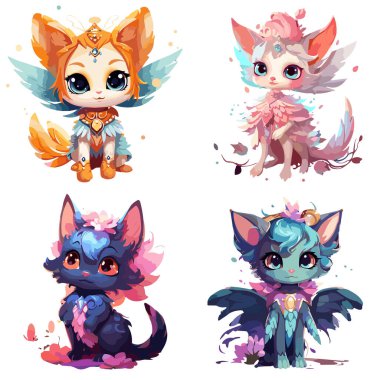 Büyük kulaklı dört sevimli hayvan benzeri karakterin renkli fantezi çizimleri.