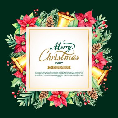 Çiçekler, çanlar ve şenlikli dekorasyonların yer aldığı renkli Noel temalı tasarım.