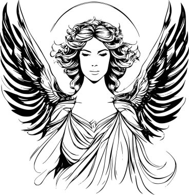 Büyük kanatları ve akan kıyafetleriyle melek figürünün siyah ve beyaz çizimi