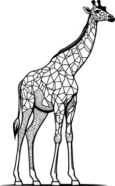 Uzun bacakları ve boynu olan zürafanın siyah beyaz çizimi
