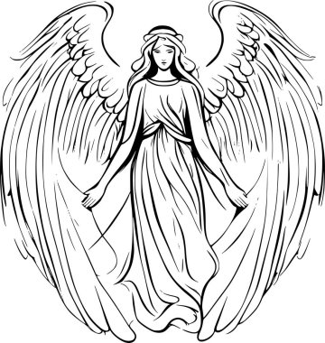 Büyük kanatları zarif bir şekilde duran meleğin siyah ve beyaz çizimi
