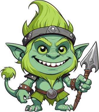 Yeşil derili, dikenli saçlı, mızrak tutan renkli çizgi film karakteri.