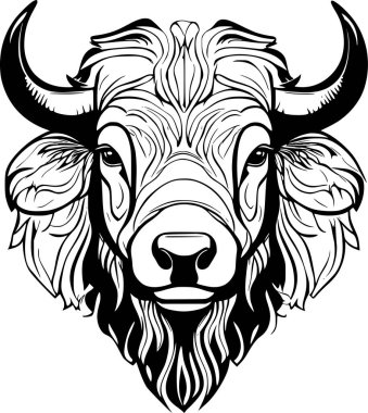 Karmaşık çizgileri olan bir bufalo kafasının siyah beyaz çizimi