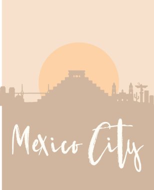 Mexico City silueti sıcak şeftali rengi günbatımı arka planına doğru yükseliyor.