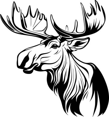 Büyük boynuzları ve tüylü tüyleri olan bir geyiğin siyah beyaz çizimi