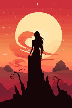 Dağ zirvesinde dolunayın altında duran genç bir kadının silueti.