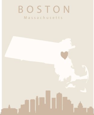 Kalp sembollü Boston haritası silueti