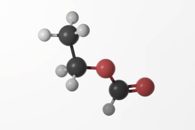 Beyaz zemin üzerinde çift bağlar gösterilen etil format molekülünün top ve sopa modeli 