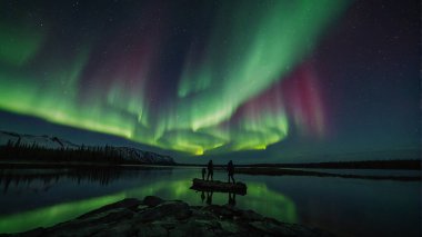 Kuzey Işıkları 'nın nefes kesen görüntüsü karanlığı aydınlatıyor. Gölgeli bir orman kenarı tarafından çerçevelenmiş..