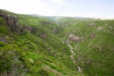 Ermenistan 'daki Aragats Dağı' nda nehir manzaralı bir vadi.