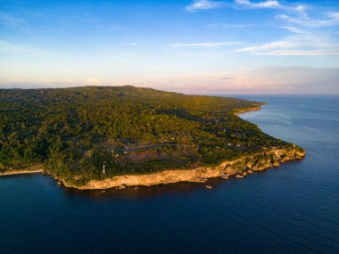 Okyanusla çevrili yemyeşil bir adanın havadan görünüşü.