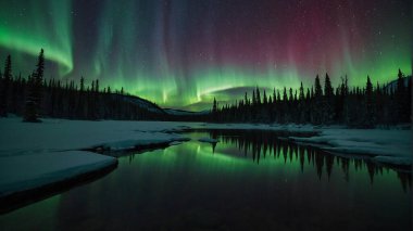 Kuzey ışıkları ve Aurora Borealis ile dolu kuzey gökyüzünün havadan görünüşü