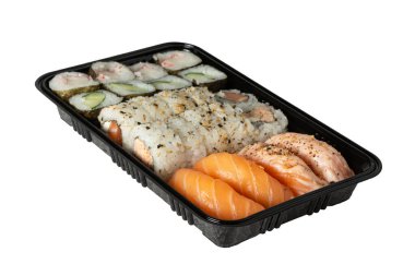 sushi rolls and nigiri isolated on white background