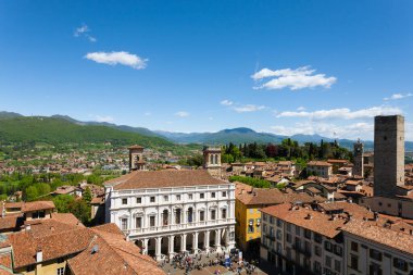 View of upper city of Bergamo, old square and Angelo Mai library. Italian medieval town. Panorama from Italy