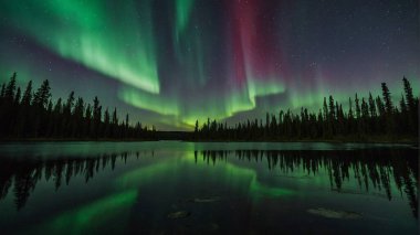 Kuzey ışıkları ve Aurora Borealis ile dolu kuzey gökyüzünün havadan görünüşü