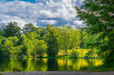 Ağaçların ve yansıtıcı gölün yer aldığı manzaralı bir yer..